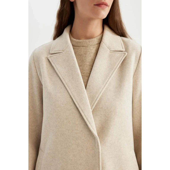 A1090 Uzun Kaşe Regular Kalıp Kruvaze Yaka Çıtçıt Kapamalı Cepli Kaban