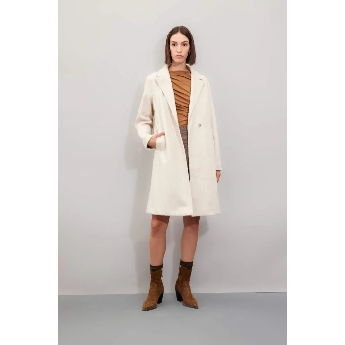 A1090 Uzun Kaşe Regular Kalıp Kruvaze Yaka Çıtçıt Kapamalı Cepli Kaban