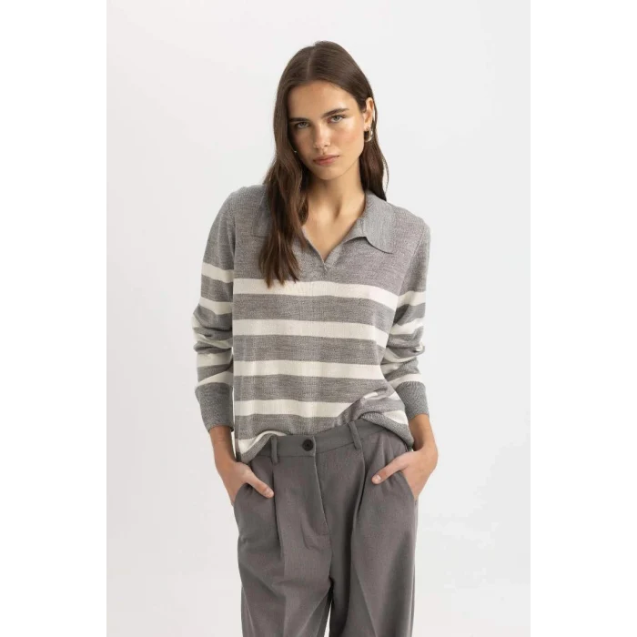 A1249 Regular Fit Polo Yaka Çizgili Kazak