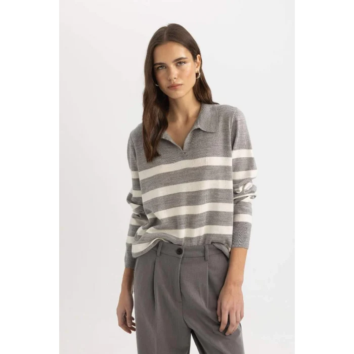 A1249 Regular Fit Polo Yaka Çizgili Kazak