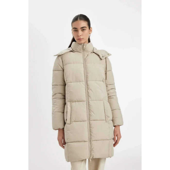 A1315 Su İtici Regular Kalıp Çıkarılabilir Kapüşonlu Puffer Şişme Uzun Mont Parka