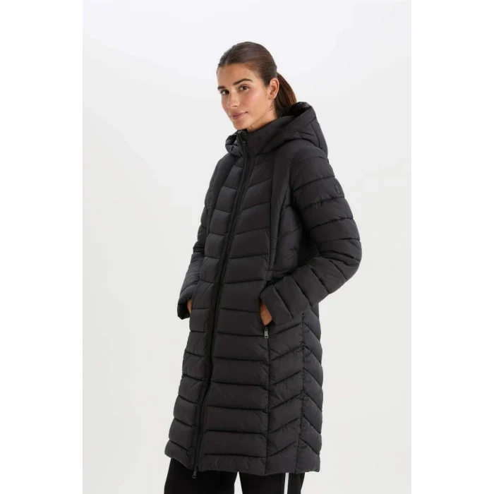 A1556 DeFactoFit Su İtici Uzun Şişme Kapüşonlu Slim Fit Dar Kesim Kapitoneli Fermuarlı Cepli Mont Parka