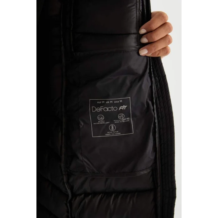 A1556 DeFactoFit Su İtici Uzun Şişme Kapüşonlu Slim Fit Dar Kesim Kapitoneli Fermuarlı Cepli Mont Parka