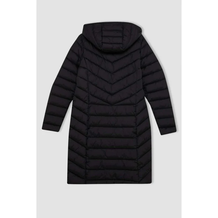 A1556 DeFactoFit Su İtici Uzun Şişme Kapüşonlu Slim Fit Dar Kesim Kapitoneli Fermuarlı Cepli Mont Parka