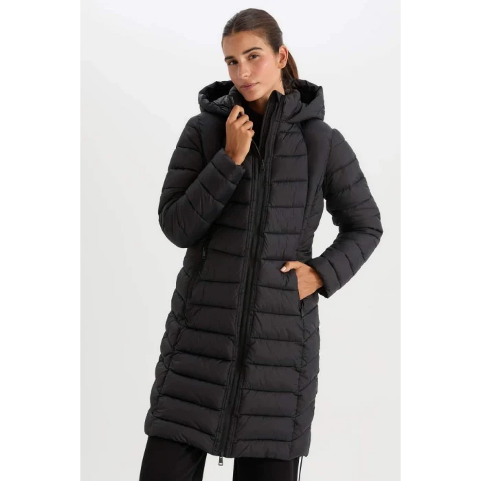 A1556 DeFactoFit Su İtici Uzun Şişme Kapüşonlu Slim Fit Dar Kesim Kapitoneli Fermuarlı Cepli Mont Parka