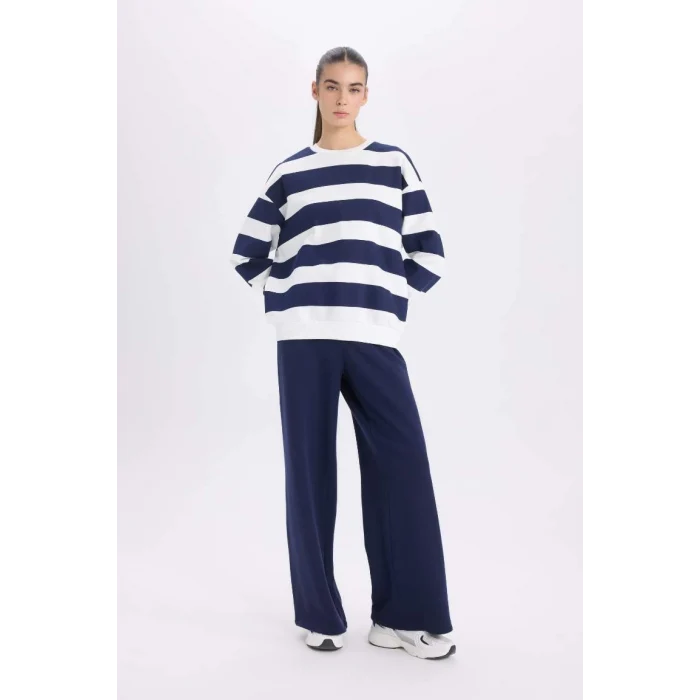 A1883 Relax Fit Bisiklet Yaka Çizgili Kalın Sweatshirt