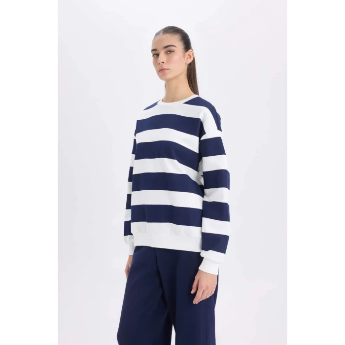 A1883 Relax Fit Bisiklet Yaka Çizgili Kalın Sweatshirt