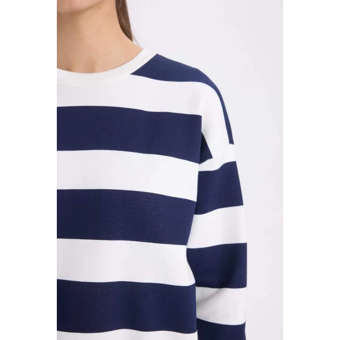 A1883 Relax Fit Bisiklet Yaka Çizgili Kalın Sweatshirt