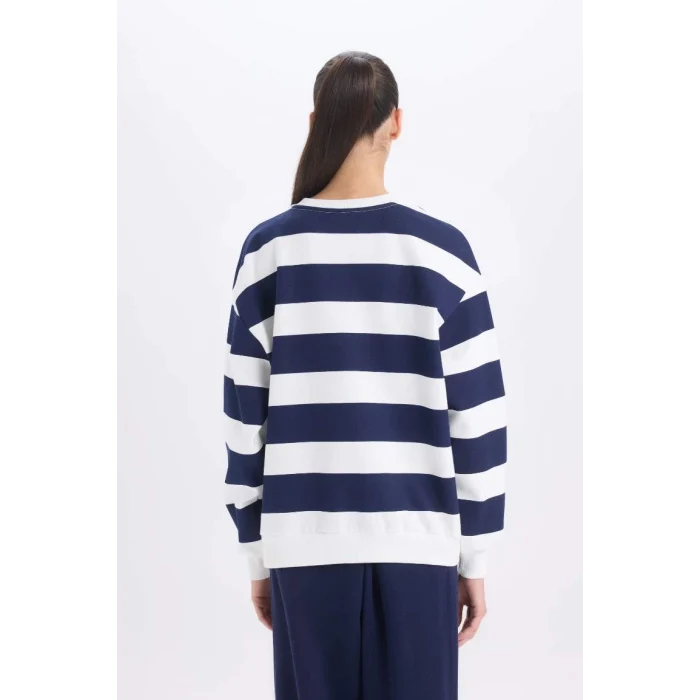 A1883 Relax Fit Bisiklet Yaka Çizgili Kalın Sweatshirt