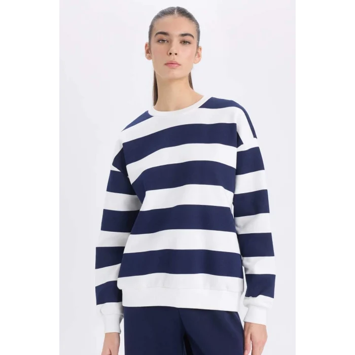 A1883 Relax Fit Bisiklet Yaka Çizgili Kalın Sweatshirt