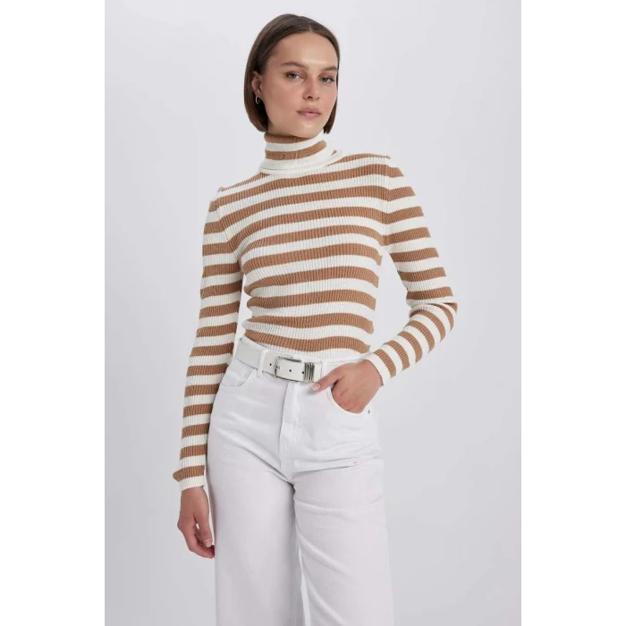 A2059 Slim Fit Çizgili Balıkçı Yaka Triko Kazak