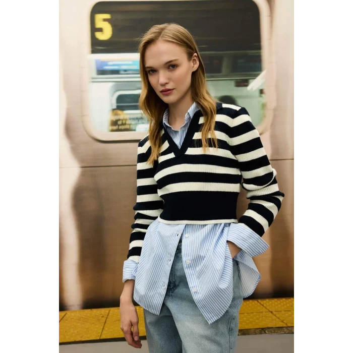 A2060 Coool Slim Fit Çizgili Polo Yaka Kazak