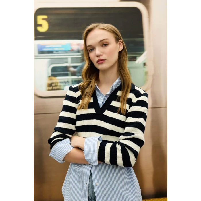 A2060 Coool Slim Fit Çizgili Polo Yaka Kazak