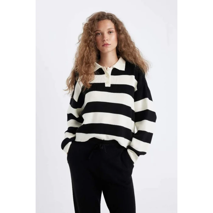 A2357 Regular Fit Çizgili Polo Yaka Kazak