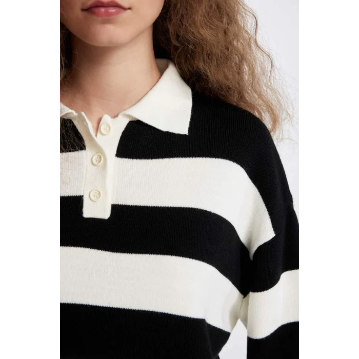 A2357 Regular Fit Çizgili Polo Yaka Kazak