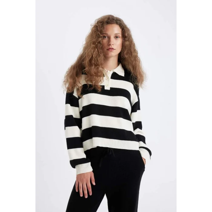 A2357 Regular Fit Çizgili Polo Yaka Kazak