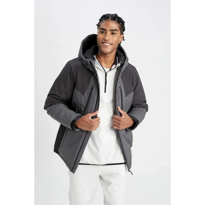 A2756 DeFactoFit Termometreli Outdoor Su İtici Rüzgar ve Su Geçirmez Slim Fit Dar Kesim Kapüşonlu Fermuarlı Mont