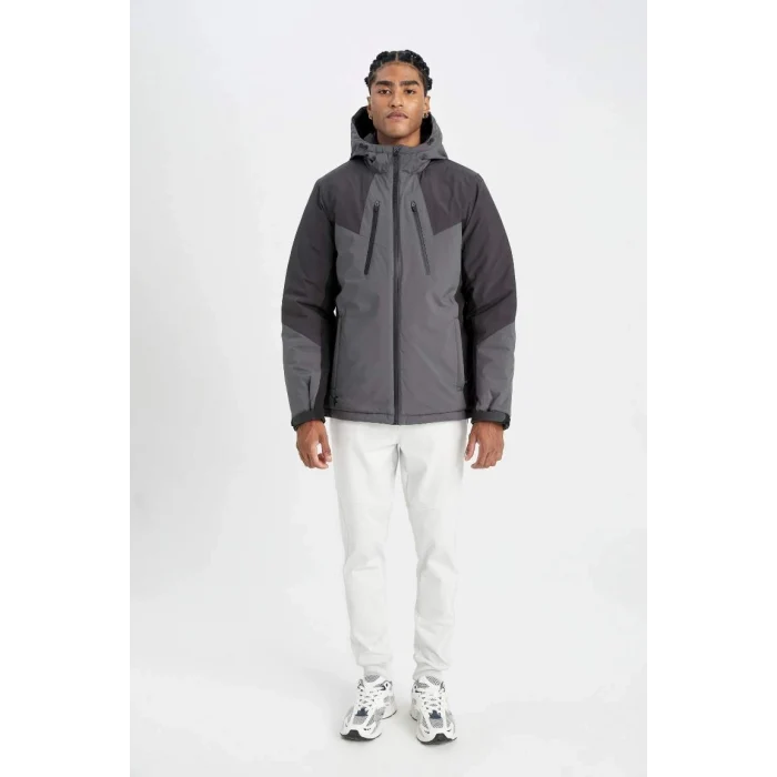A2756 DeFactoFit Termometreli Outdoor Su İtici Rüzgar ve Su Geçirmez Slim Fit Dar Kesim Kapüşonlu Fermuarlı Mont