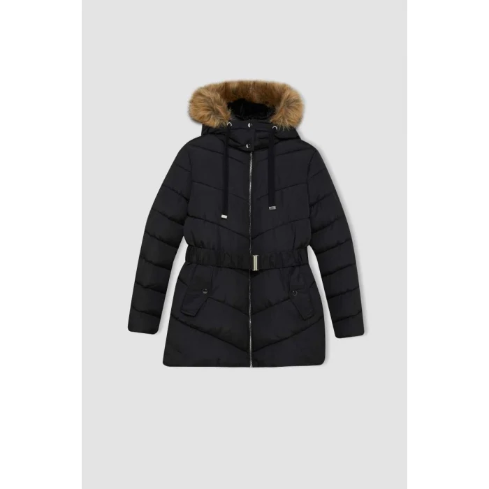 A2969 Su İtici Puffer Rüzgar Geçirmez Kapüşonlu İçi Suni Kürklü Kapitoneli Kemerli Hafif Uzun Şişme Mont