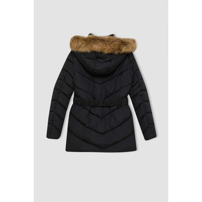 A2969 Su İtici Puffer Rüzgar Geçirmez Kapüşonlu İçi Suni Kürklü Kapitoneli Kemerli Hafif Uzun Şişme Mont