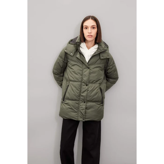 A3201 Su İtici Oversize Geniş Kalıp Fermuar Çıtçıt Kapamalı Cepli Kapüşonlu Şişme Mont Parka