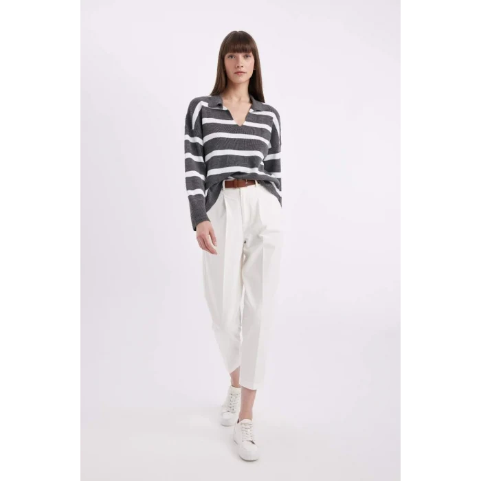 A3861 Relax Fit Polo Yaka Çizgili Triko Kazak