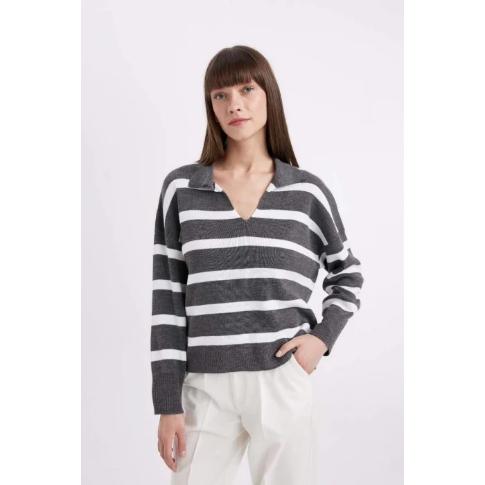 A3861 Relax Fit Polo Yaka Çizgili Triko Kazak