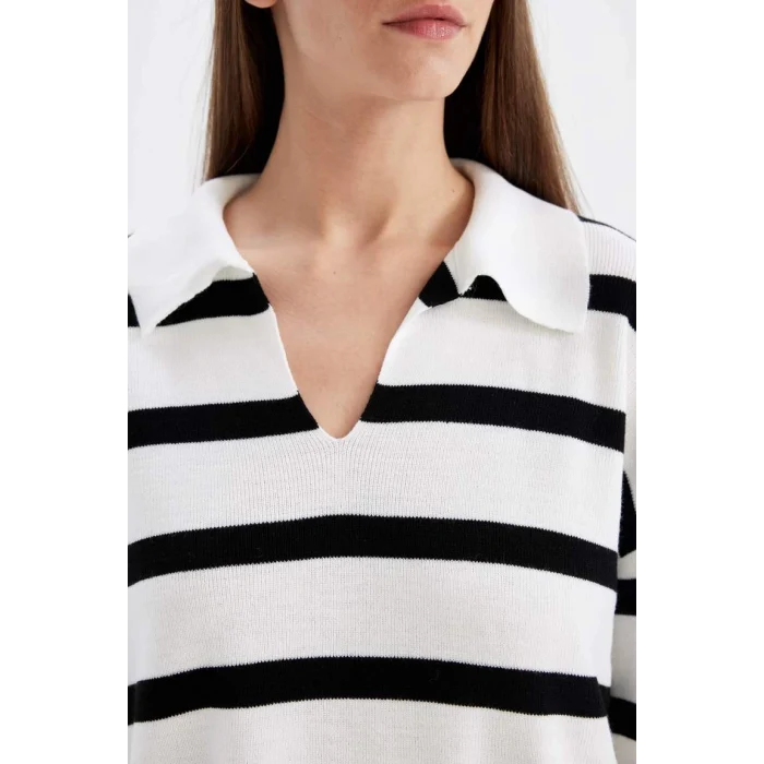 A3861 Relax Fit Polo Yaka Çizgili Triko Kazak