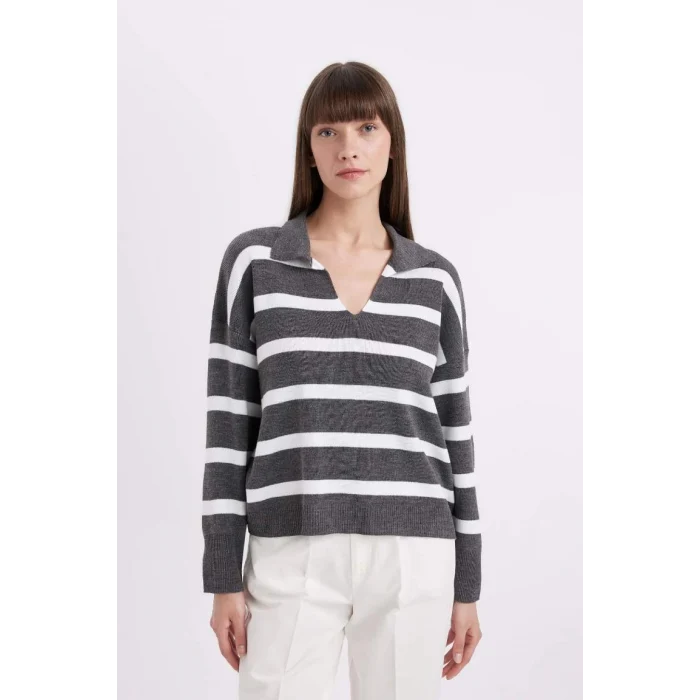 A3861 Relax Fit Polo Yaka Çizgili Triko Kazak