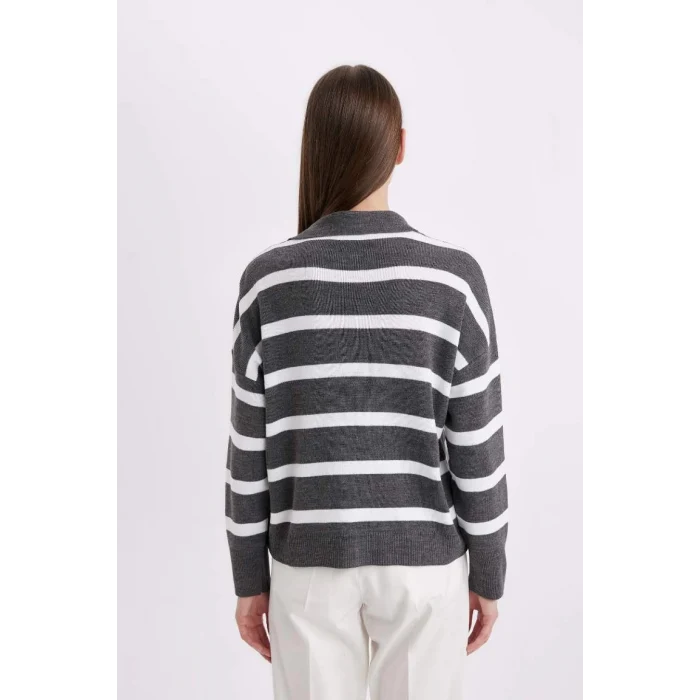 A3861 Relax Fit Polo Yaka Çizgili Triko Kazak