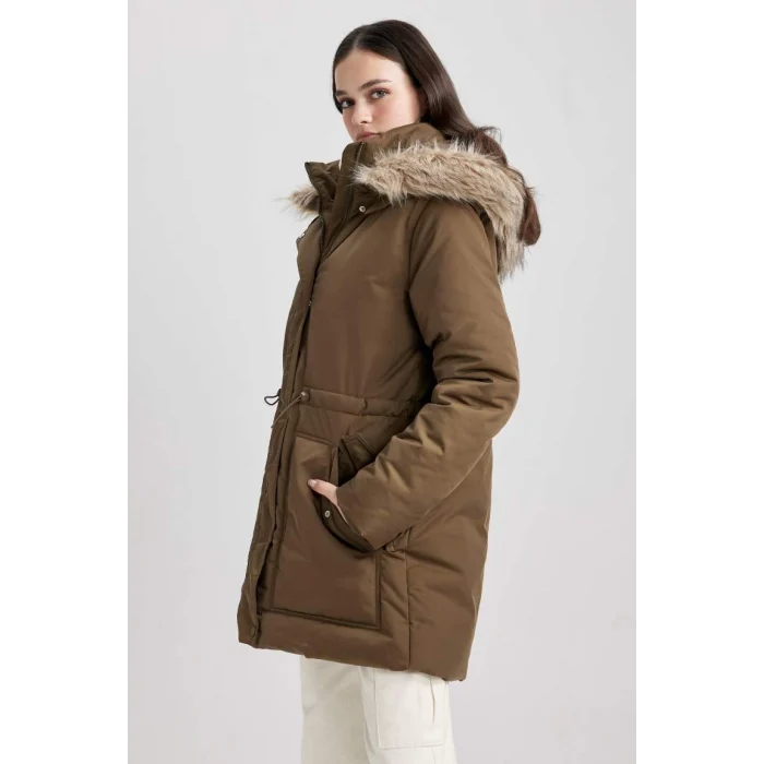 A4074 Su İtici Oversize Geniş Kalıp Çıkarılabilir Suni Kürk Kapüşonlu Fermaur Çıtçıt Kapmalı Cepli Mont Parka