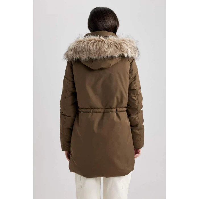 A4074 Su İtici Oversize Geniş Kalıp Çıkarılabilir Suni Kürk Kapüşonlu Fermaur Çıtçıt Kapmalı Cepli Mont Parka
