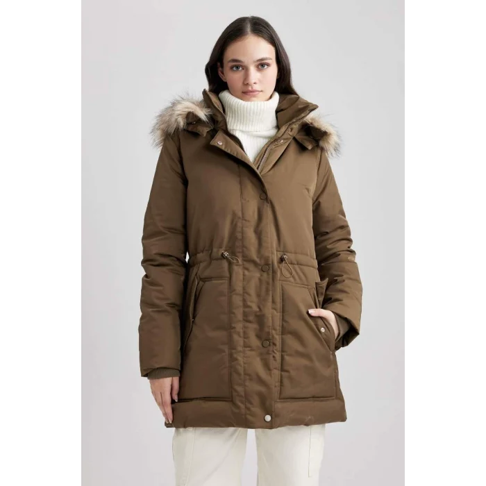 A4074 Su İtici Oversize Geniş Kalıp Çıkarılabilir Suni Kürk Kapüşonlu Fermaur Çıtçıt Kapmalı Cepli Mont Parka