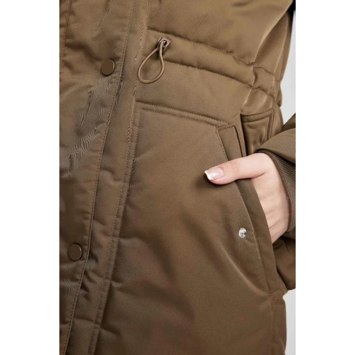 A4074 Su İtici Oversize Geniş Kalıp Çıkarılabilir Suni Kürk Kapüşonlu Fermaur Çıtçıt Kapmalı Cepli Mont Parka