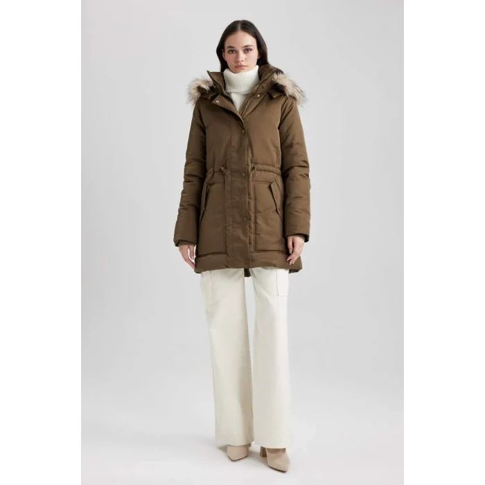 A4074 Su İtici Oversize Geniş Kalıp Çıkarılabilir Suni Kürk Kapüşonlu Fermaur Çıtçıt Kapmalı Cepli Mont Parka