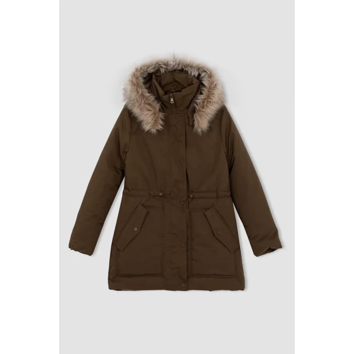 A4074 Su İtici Oversize Geniş Kalıp Çıkarılabilir Suni Kürk Kapüşonlu Fermaur Çıtçıt Kapmalı Cepli Mont Parka