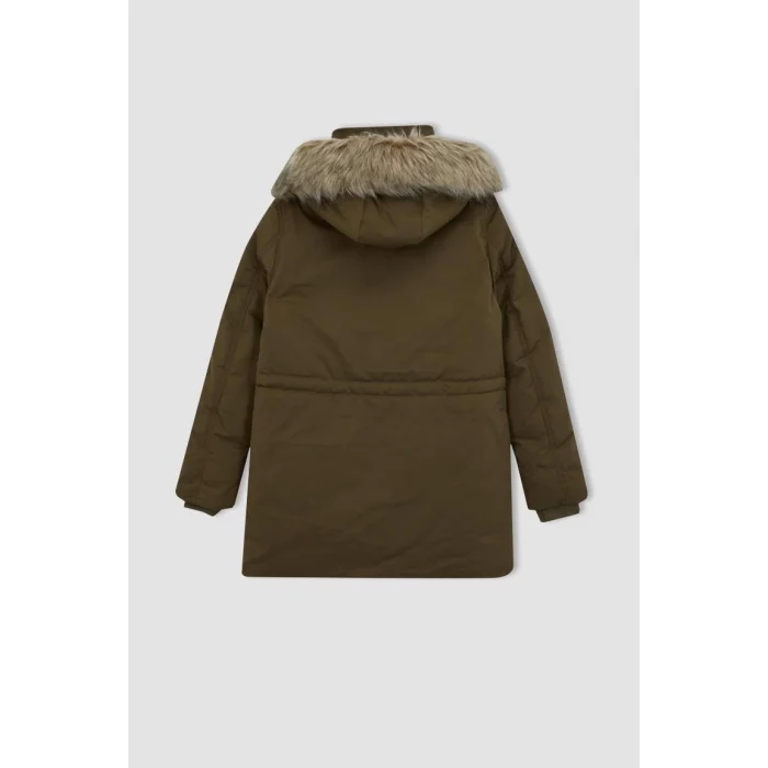 A4074 Su İtici Oversize Geniş Kalıp Çıkarılabilir Suni Kürk Kapüşonlu Fermaur Çıtçıt Kapmalı Cepli Mont Parka