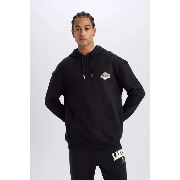 A4114 DeFactoFit NBA Los Angeles Lakers Boxy Fit Kapüşonlu Kalın Sweatshirt