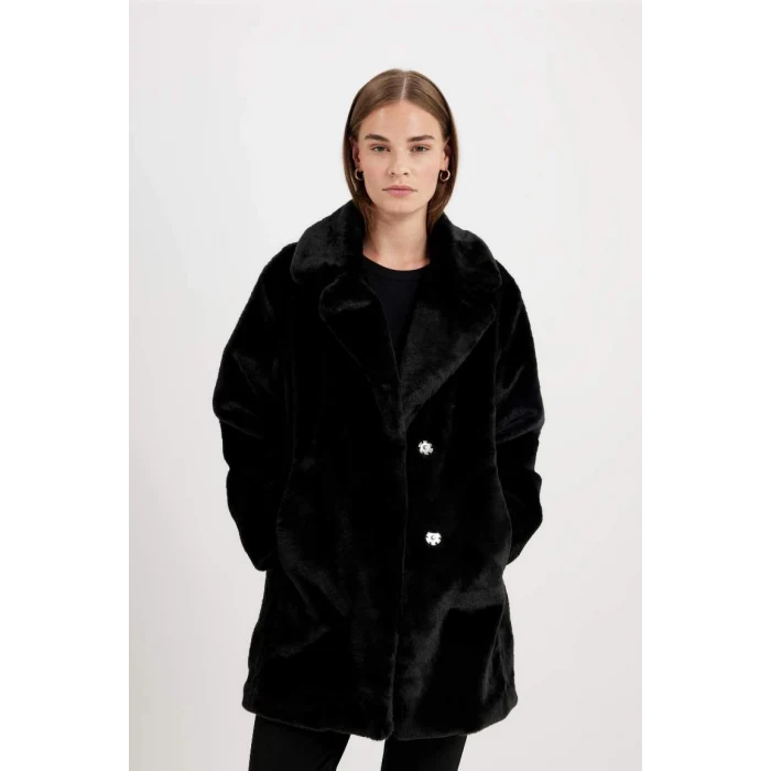 A4650 Uzun Pelüş Kaban Oversize Geniş Kalıp Çıtçıt Kapamalı Cepli