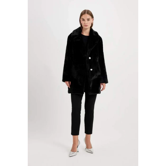 A4650 Uzun Pelüş Kaban Oversize Geniş Kalıp Çıtçıt Kapamalı Cepli