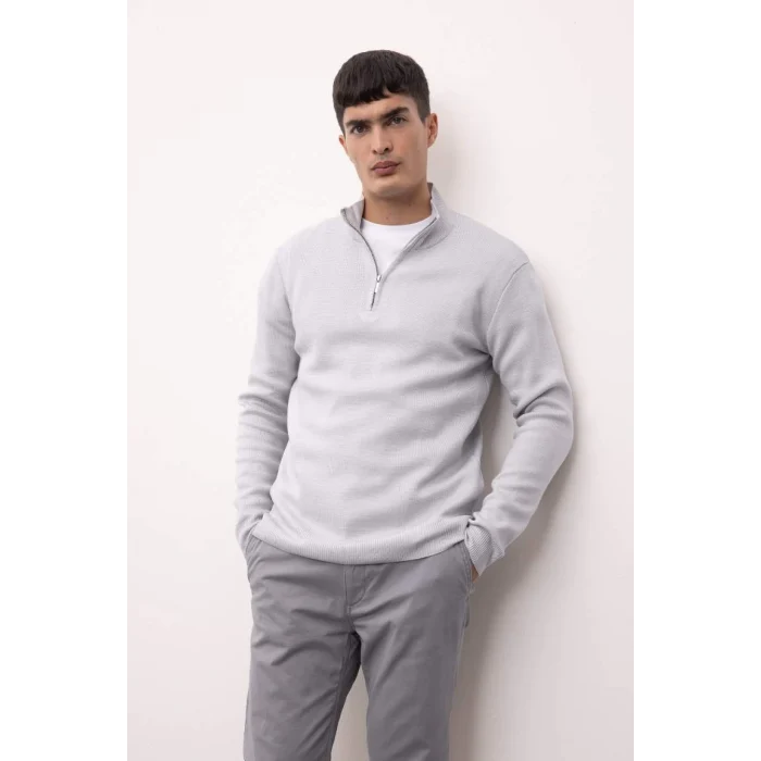 A5184 Gri Standart Fit Normal Kesim Bato Yaka Fermuarlı Basic Düz Triko Kazak