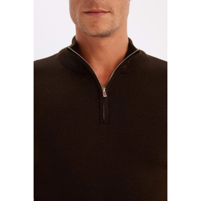 A5184 Standart Fit Normal Kesim Dik Yaka Fermuarlı Basic Düz Triko Kazak