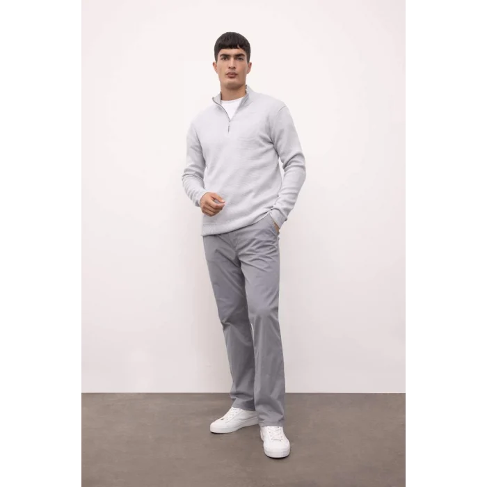 A5184 Gri Standart Fit Normal Kesim Bato Yaka Fermuarlı Basic Düz Triko Kazak