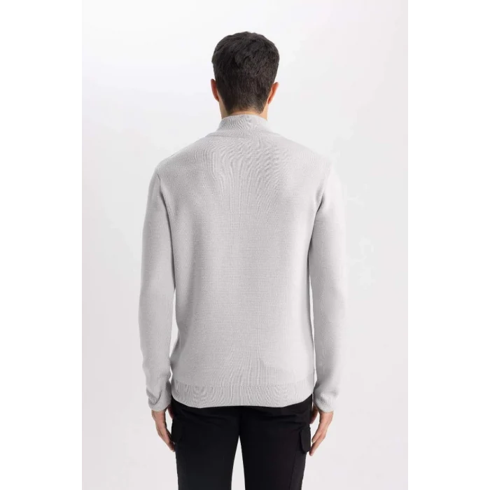 A5184 Gri Standart Fit Normal Kesim Bato Yaka Fermuarlı Basic Düz Triko Kazak