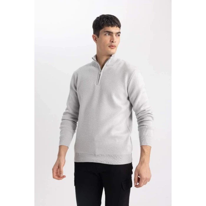 A5184 Gri Standart Fit Normal Kesim Bato Yaka Fermuarlı Basic Düz Triko Kazak