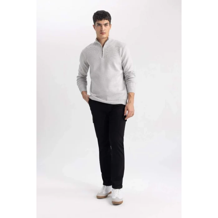 A5184 Gri Standart Fit Normal Kesim Bato Yaka Fermuarlı Basic Düz Triko Kazak