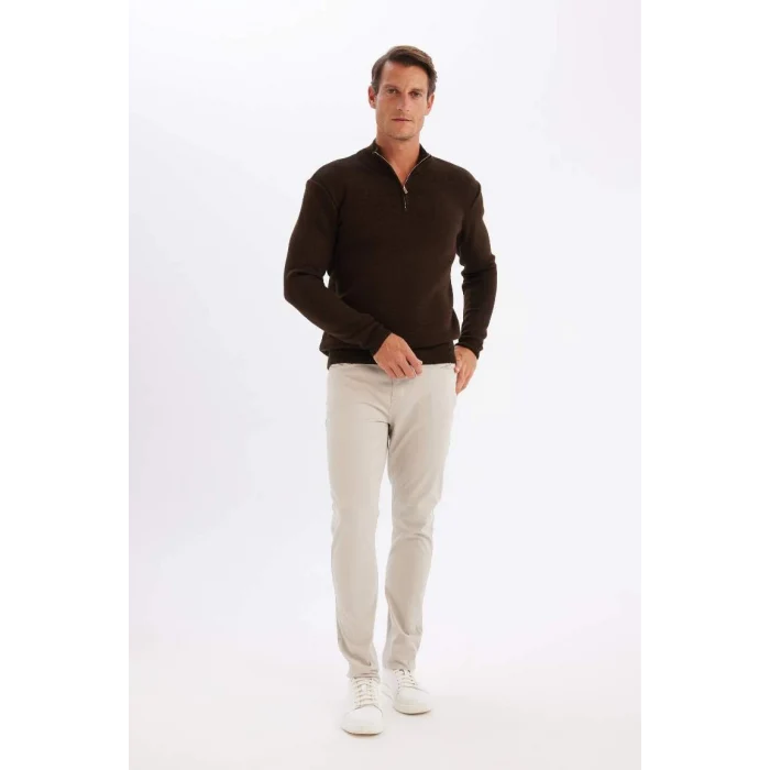 A5184 Standart Fit Normal Kesim Dik Yaka Fermuarlı Basic Düz Triko Kazak
