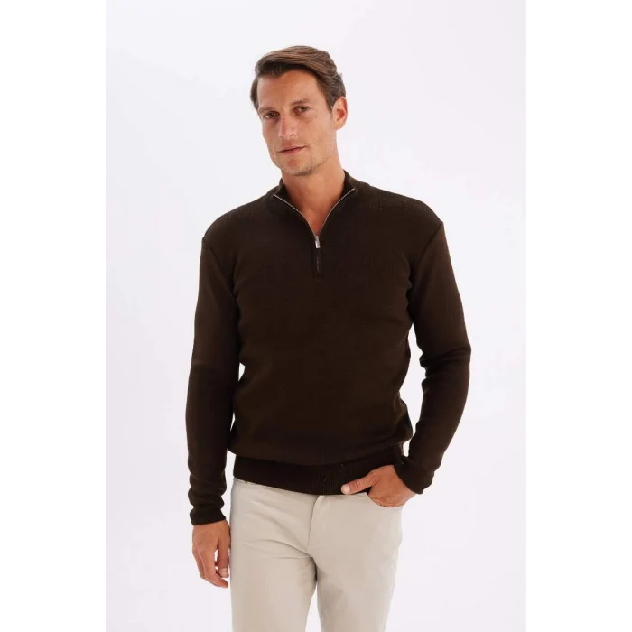 A5184 Standart Fit Normal Kesim Dik Yaka Fermuarlı Basic Düz Triko Kazak