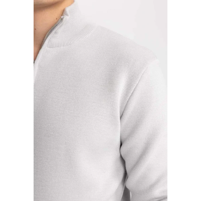 A5184 Gri Standart Fit Normal Kesim Bato Yaka Fermuarlı Basic Düz Triko Kazak