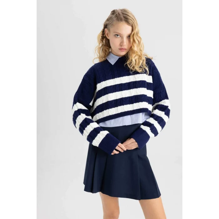 A7046 Coool Regular Fit Çizgili Bisiklet Yaka Triko Kazak